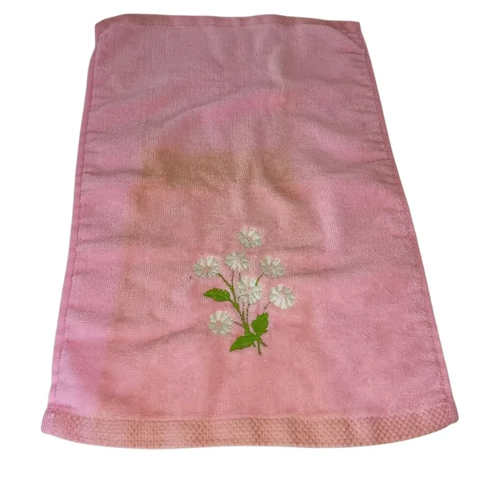 Two Utica by J P Stevens Hand Towels Pink White Embroidered Flowers Cotton VTG